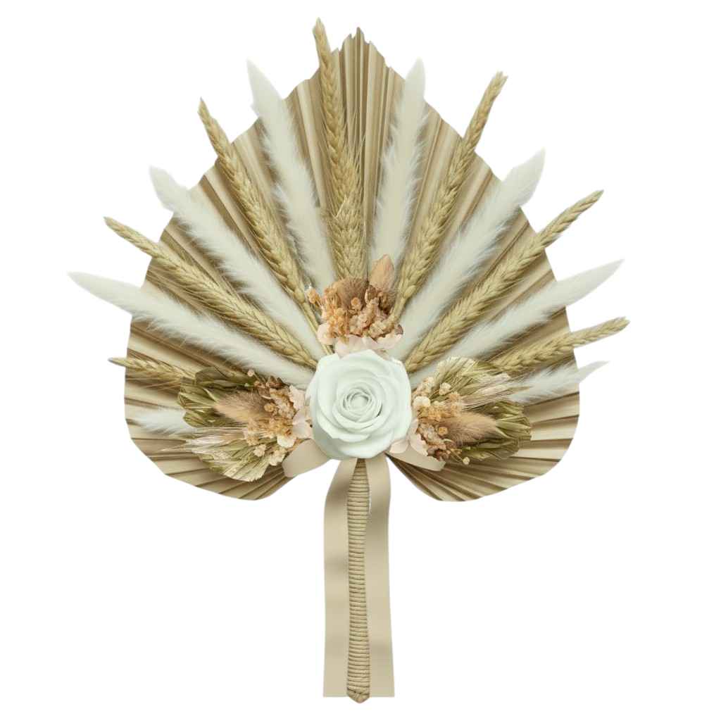 éventail de mariage en fleurs séchées avec rose stabilisée blanche et épis de blé