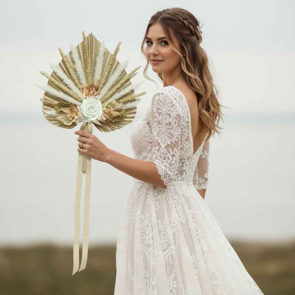 Mariée portant un bouquet éventail en fleurs séchées et rose stabilisée pour mariage bohème chic