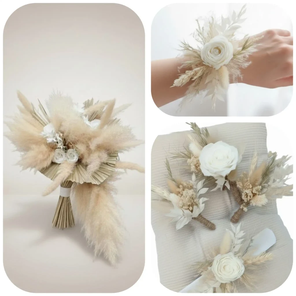 Accessoires mariage fleurs séchées bohème – bracelet, boutonnière et bouquet pampas