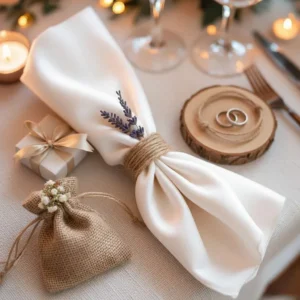 Décoration de table mariage bohème avec accessoires mariage naturels, serviette élégante et alliances