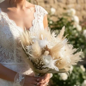 Bouquet de mariée bohème en fleurs séchées avec pampas et plumes blanches tenu par une mariée en robe de dentelle