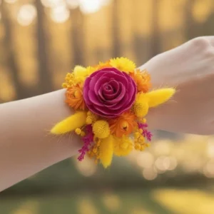 Bracelet de mariage en fleurs séchées jaunes et rose porté au poignet pour cérémonie bohème