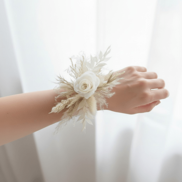 Bracelet pampa mariage avec fleurs séchées et rose blanche porté au poignet