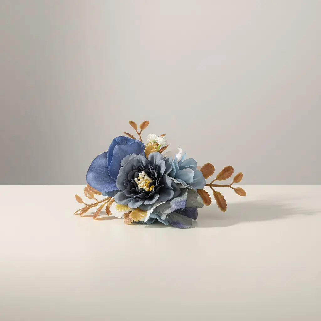Accessoire floral de mariée bleu nuit, sur bracelet à claquer moderne