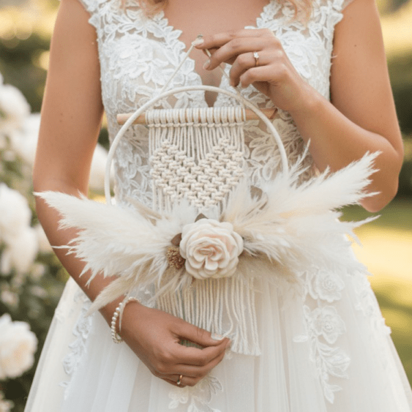 Accessoire mariage pampa bohème en macramé avec pampas et renoncule rose pâle