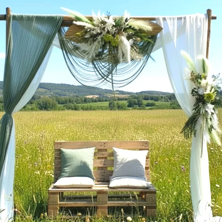 Arche florale Matcha en fleurs séchées et fleurs simulées