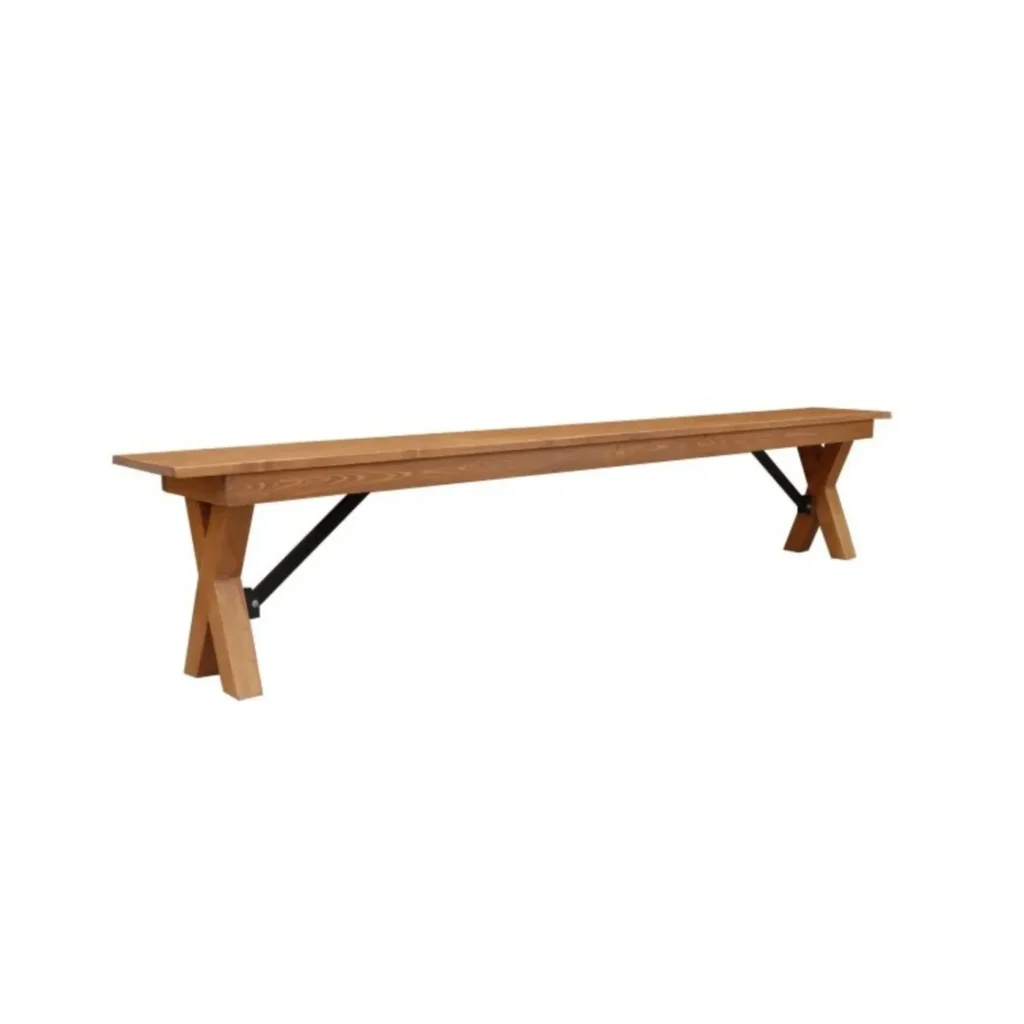 Banc de mariage en bois rustique avec assise en acacia massif et pieds en noyer en croisillon - 210 cm - location Iliade dans le Var