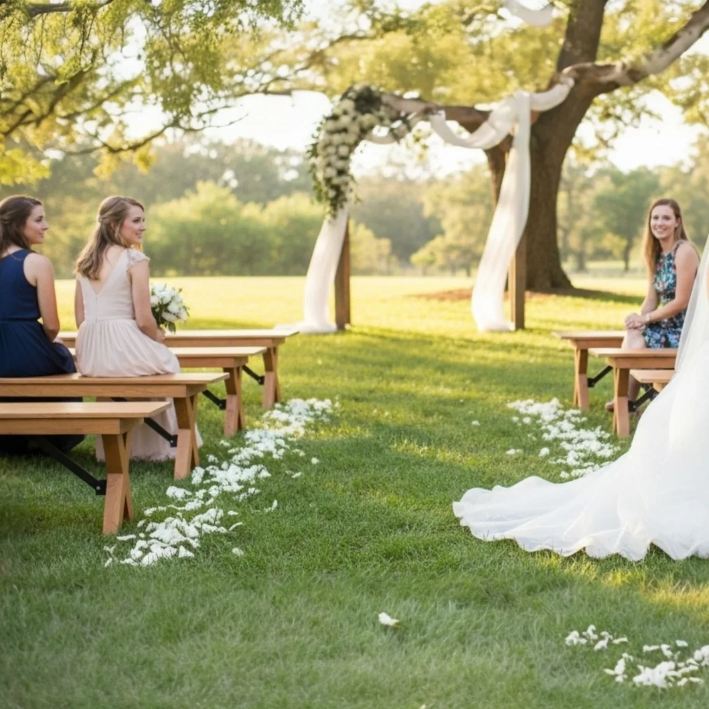 Bancs en bois rustique disposés en allée pour une cérémonie de mariage en extérieur dans le Var, avec arche florale et pétales blancs - location Iliade